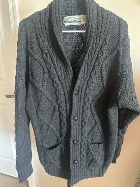 Vintage Aran Crafts Charcoal Cable-Knit Shawl Collar Cardigan